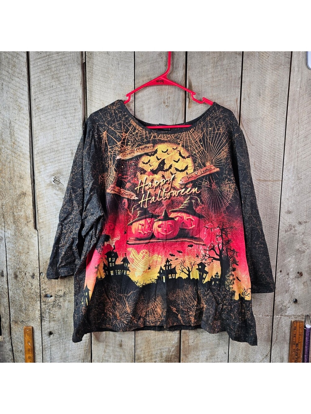 Holiday Editions Women's 2X Plus Size Happy Halloween Bat Pumpkin Spiderweb Top